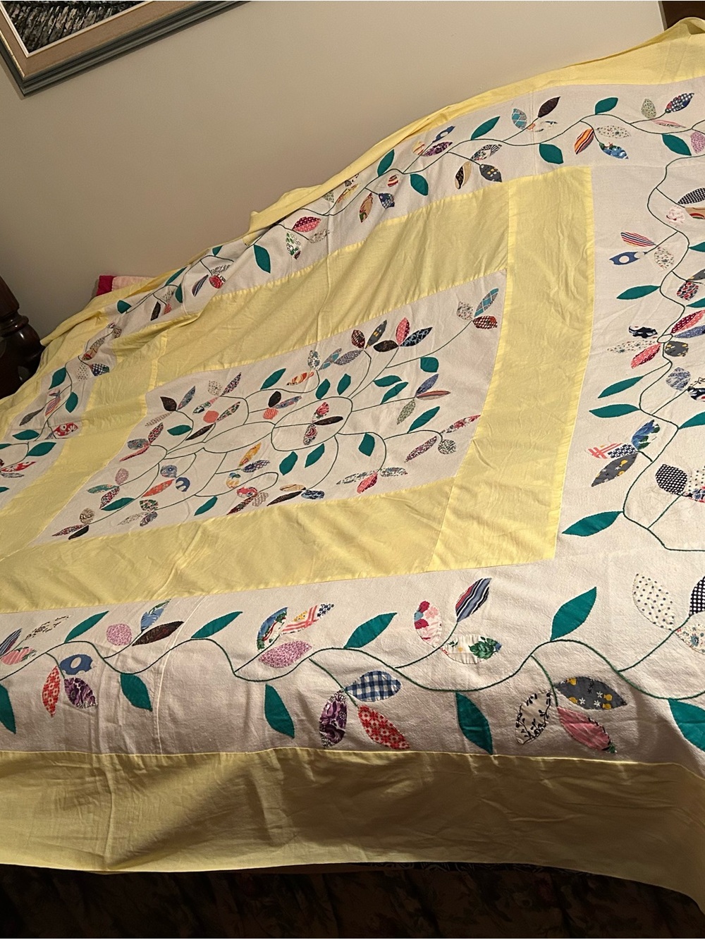 New Handmade Sunny Yellow Appliqué Vine Quilt with Multicolor Leaf Accents,